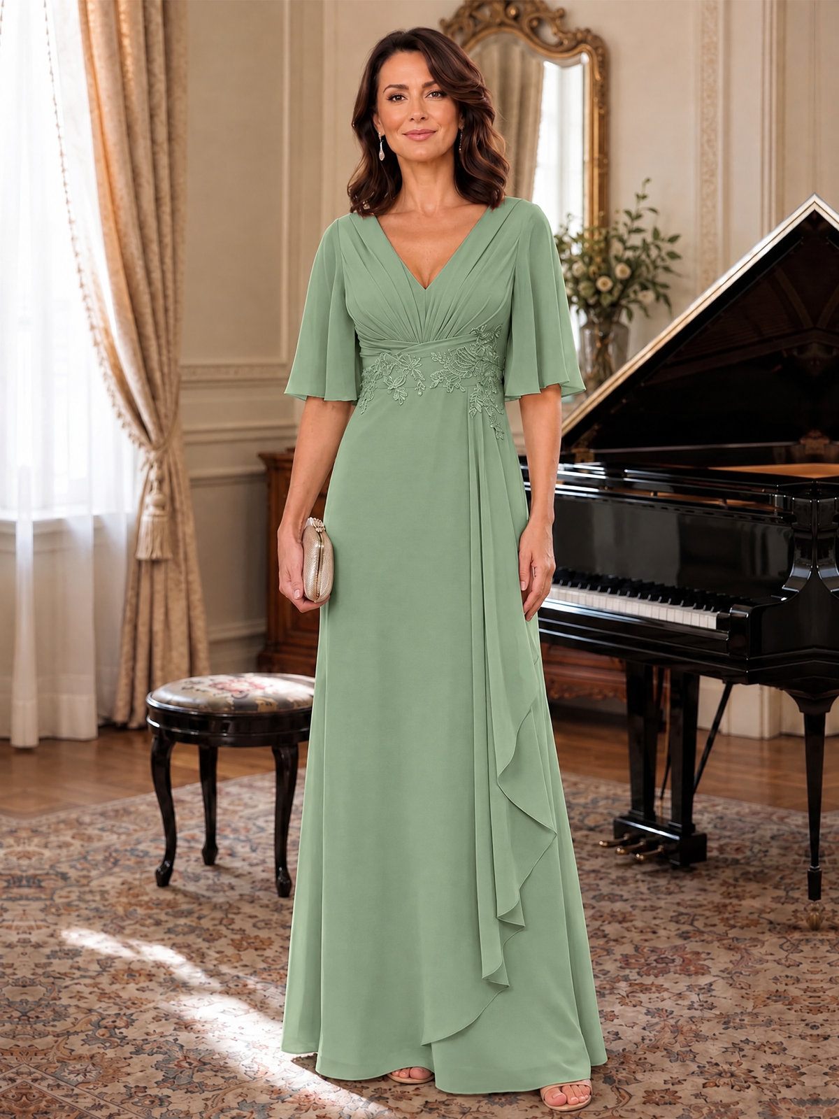 V-Neck Chiffon Lace Mother of the Bride Dresses