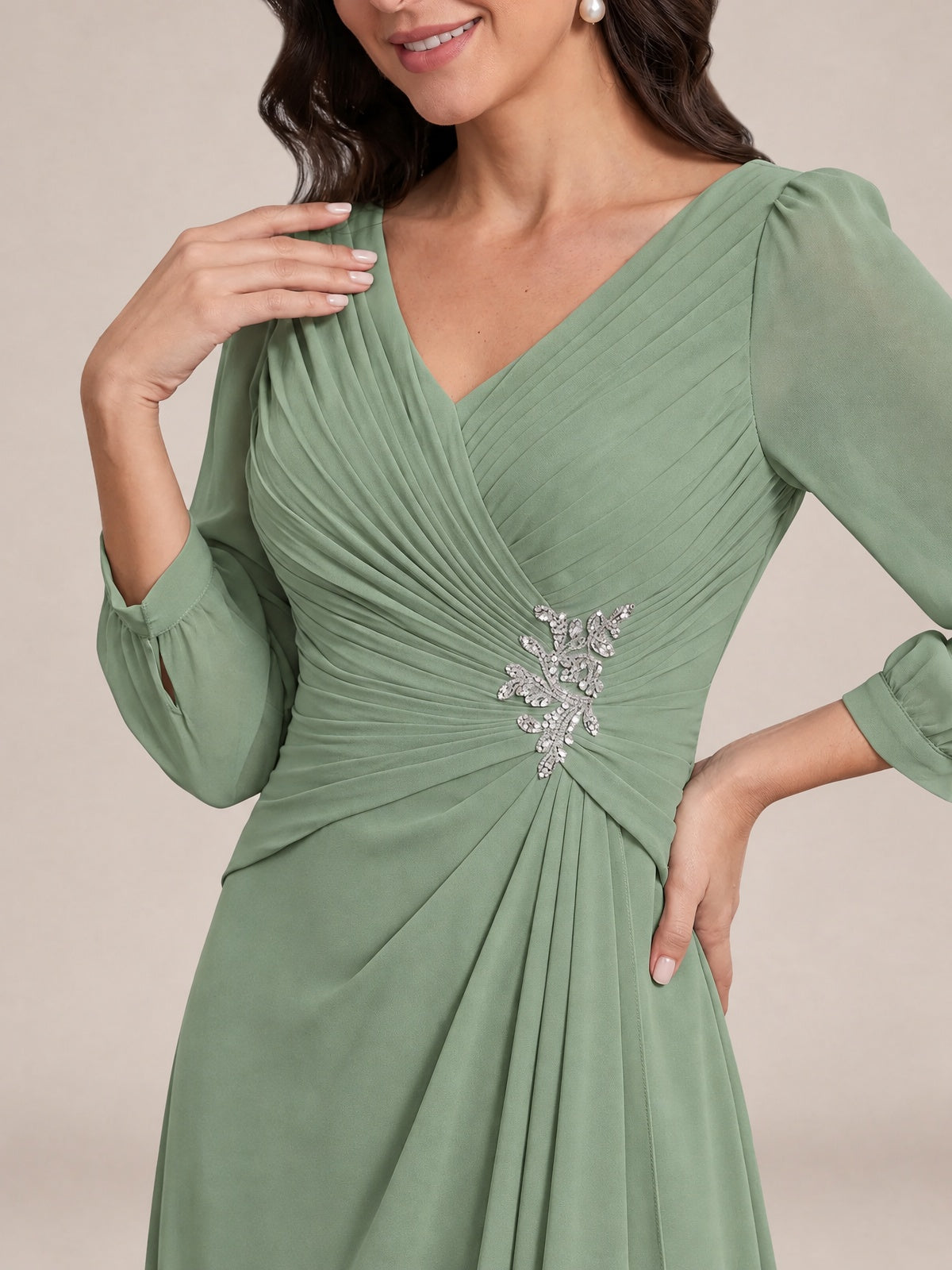 V-Neck Pleated Chiffon Mother of the Bride Dress with Flutter Sleeves
