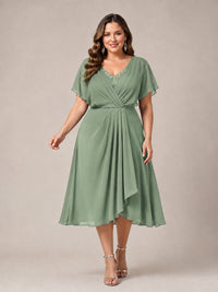 Navy Blue A-Line V-Neck Tea-Length Mother of the Bride Dress