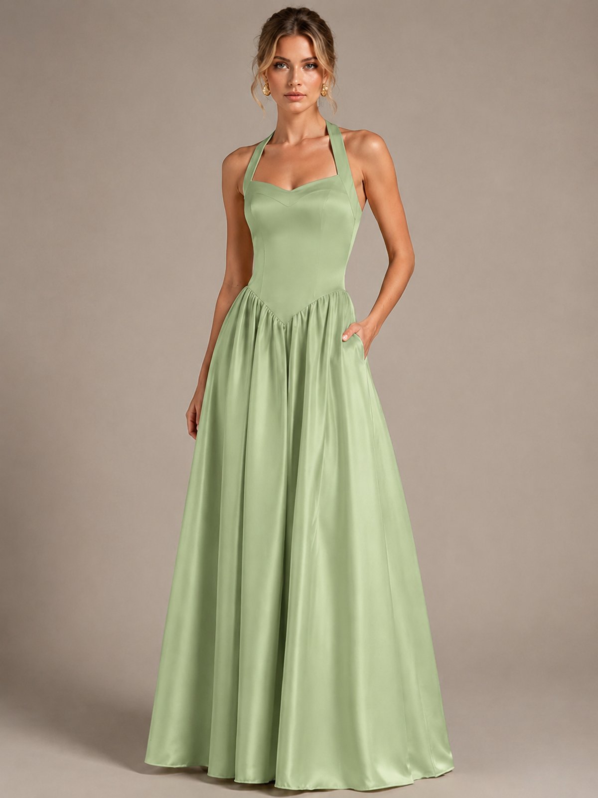 Light Yellow Halter Neck Satin A-Line Maxi Dress with Pockets