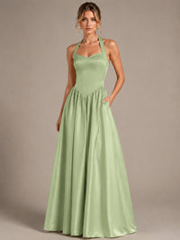 Light Yellow Halter Neck Satin A-Line Maxi Dress with Pockets