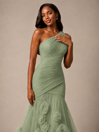 Blush Pink One Shoulder 3D Floral Mermaid Prom Dress