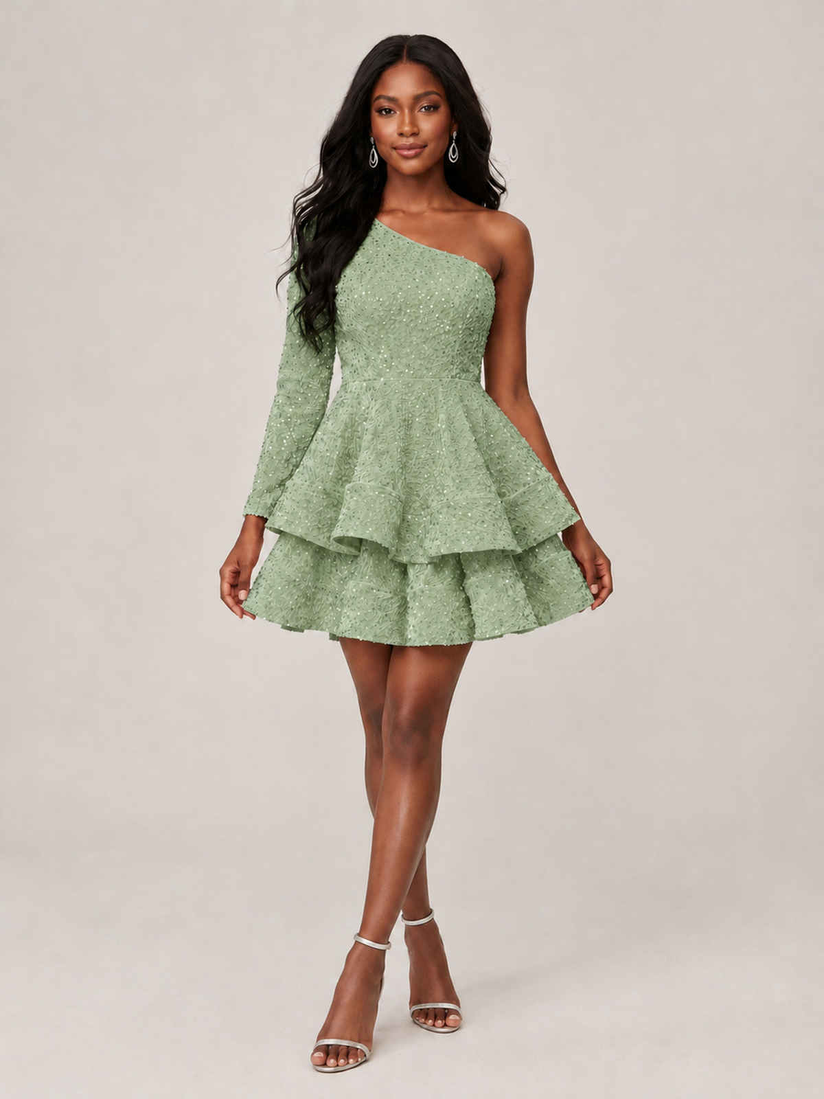 Puffy One Shoulder Sequin Tiered Mini Dress