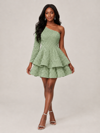 Puffy One Shoulder Sequin Tiered Mini Dress