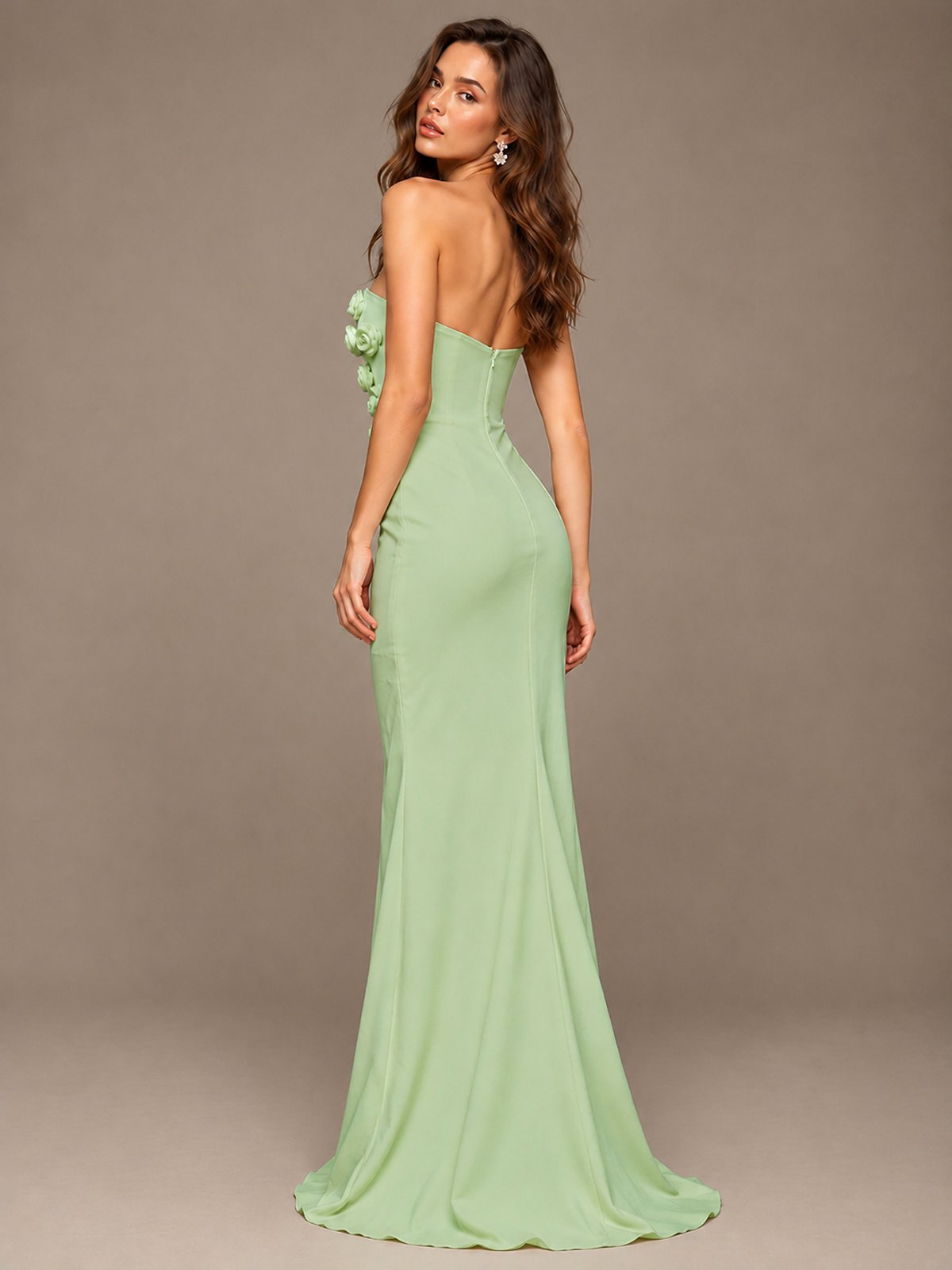 White Strapless Mermaid Maxi Dress with 3D Floral Appliques