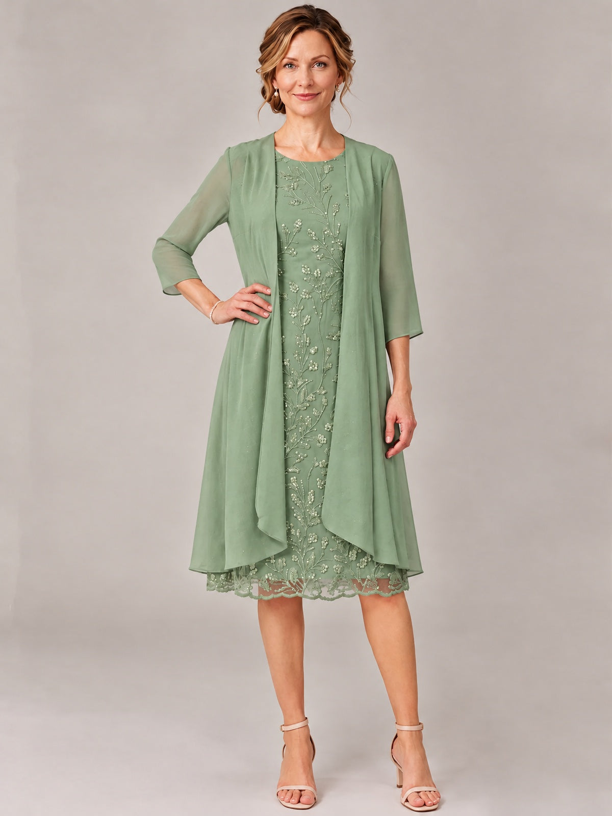 Tea Length Sequin Lace Mother of The Bride Dress with Chiffon Jacket
