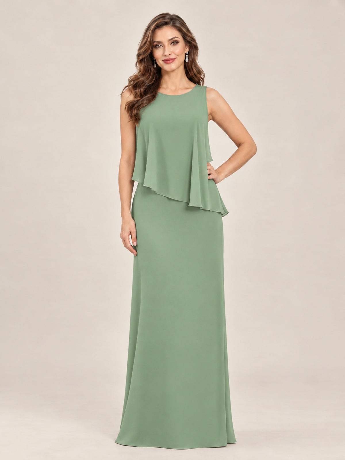 Cape Sleeve Mother of the Bride Dress with Asymmetrical Overlay