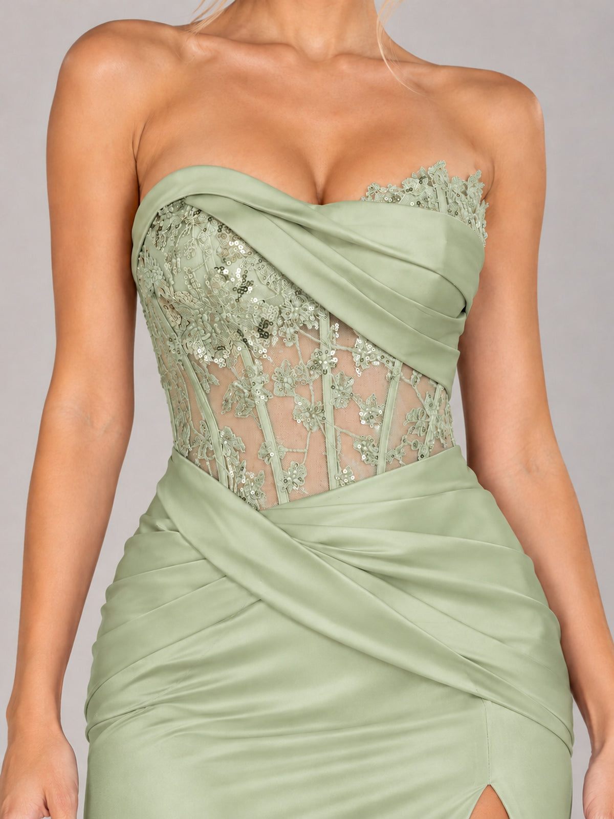 Strapless Satin Prom Dress with Sheer Lace Corset & High Slit