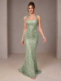 Gold Halter Sequin Mermaid Ruched Prom Dress Long Ruched Evening Gown