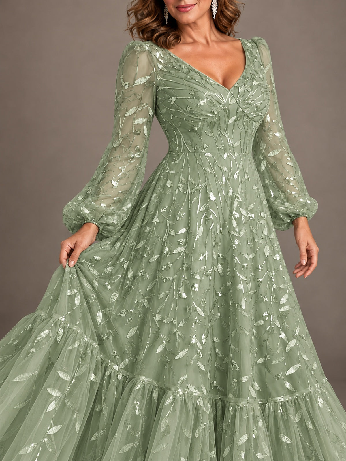 Floral Sequin Embroidered A-Line Mother of the Bride Dress with Long Sleeves