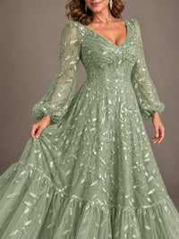 Floral Sequin Embroidered A-Line Mother of the Bride Dress with Long Sleeves