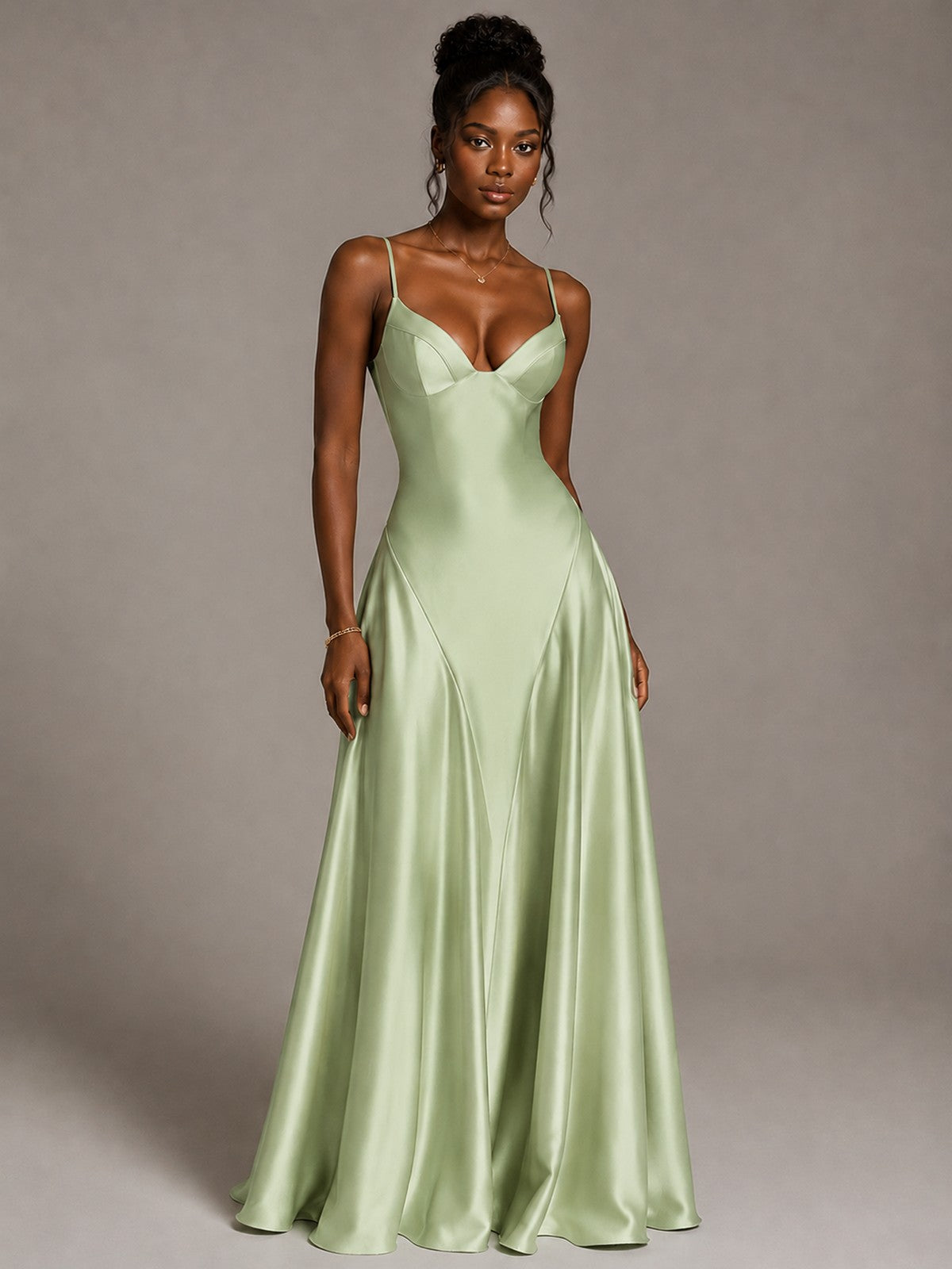 Lavender V Neck Satin Prom Dress with Spaghetti Straps