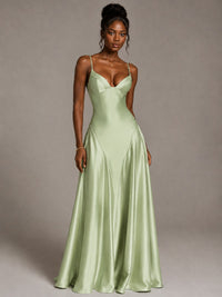 Lavender V Neck Satin Prom Dress with Spaghetti Straps