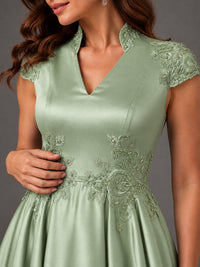 Lace Appliqué A-Line Satin Maxi Dress