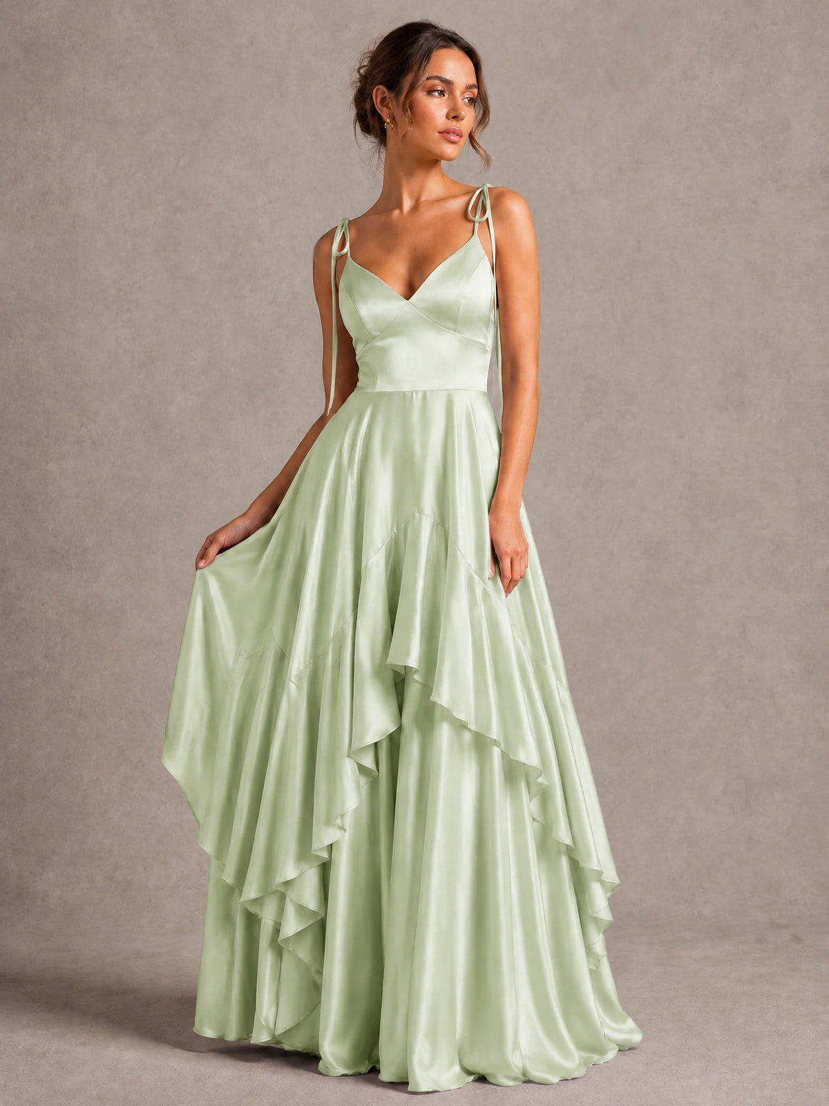 Lavender Satin V-Neck Ruffle Maxi Dress