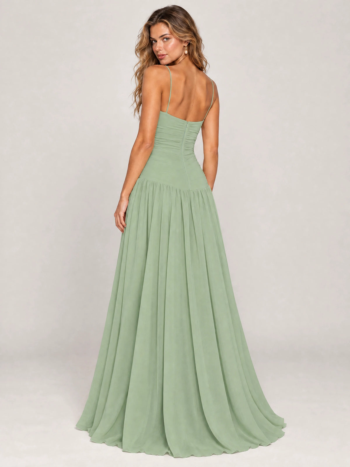 Butter Yellow Ruched Spaghetti Strap Drop-Waist Prom Dress