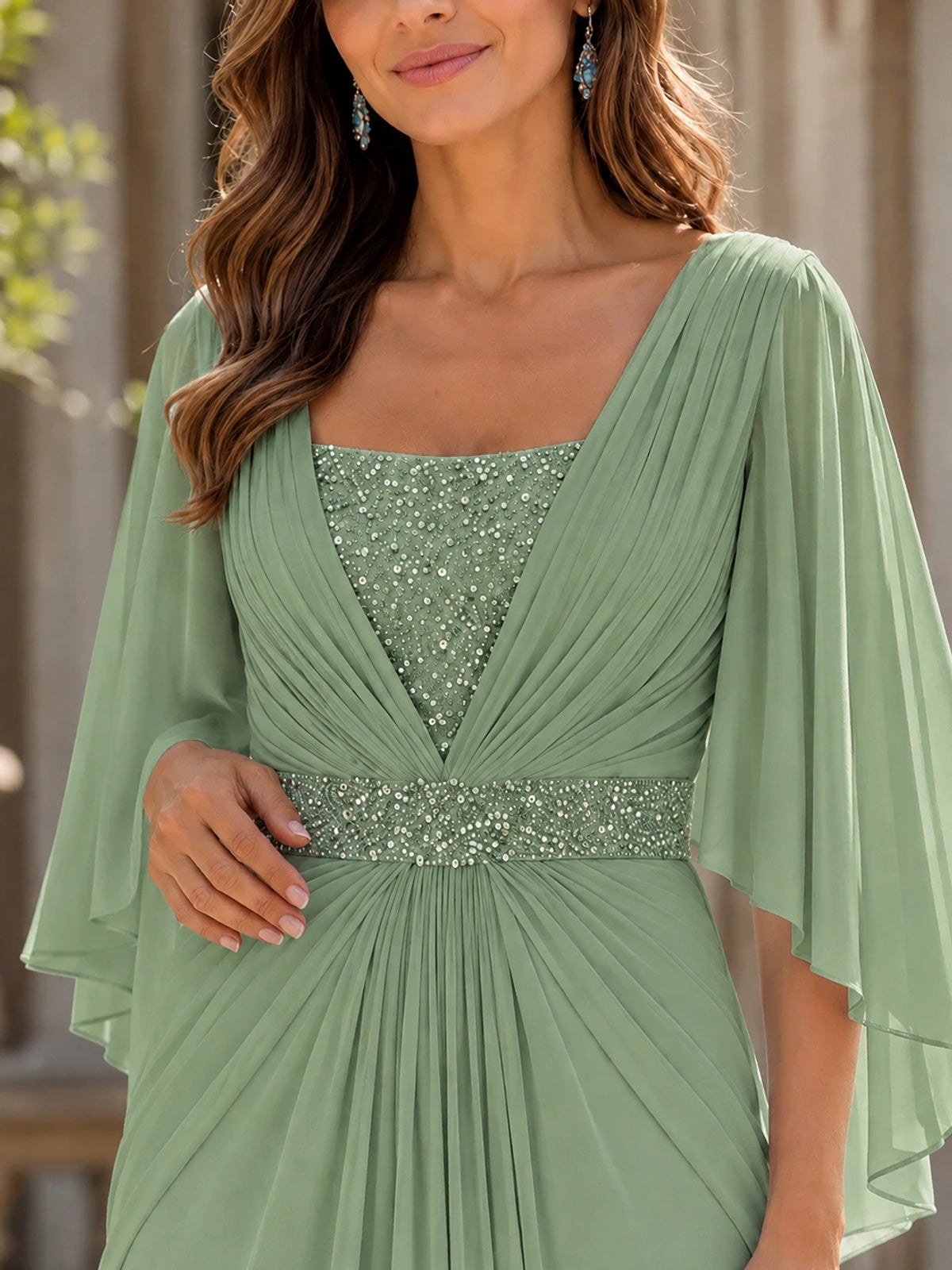 Elegant V-Neck Sequined Chiffon Mother of the Bride Dress with Flutter Sleeves