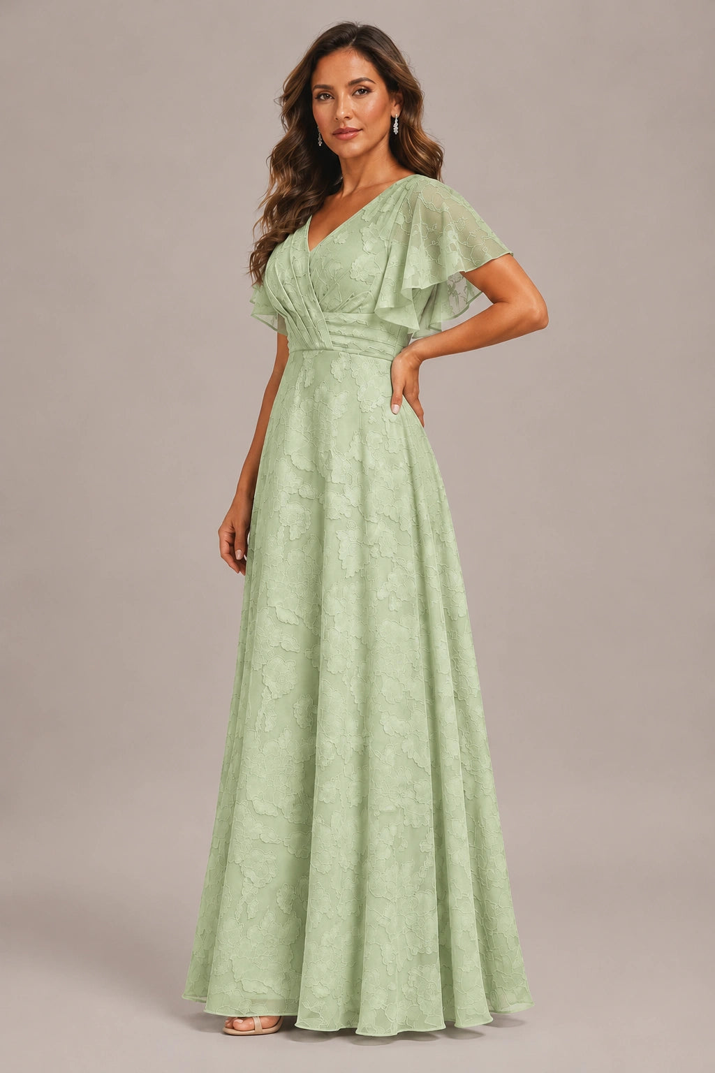 Jovellee Floral Chiffon A-Line Mother of the Bride Dress with Flutter Sleeves