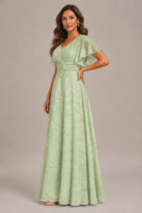 Jovellee Floral Chiffon A-Line Mother of the Bride Dress with Flutter Sleeves