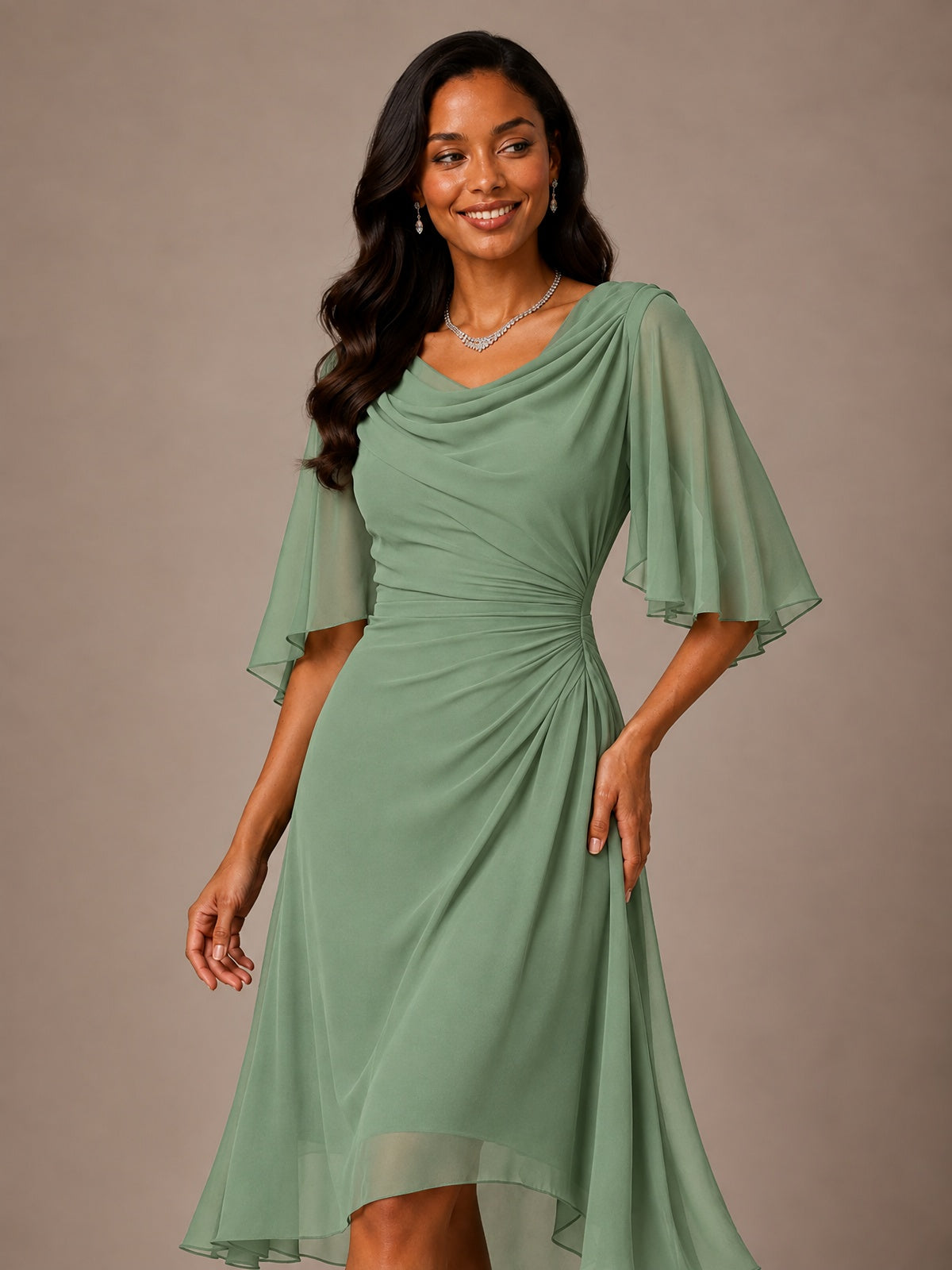 Cowl Neck Ruched Chiffon Mother of the Bride Dresses with Flutter Sleeves