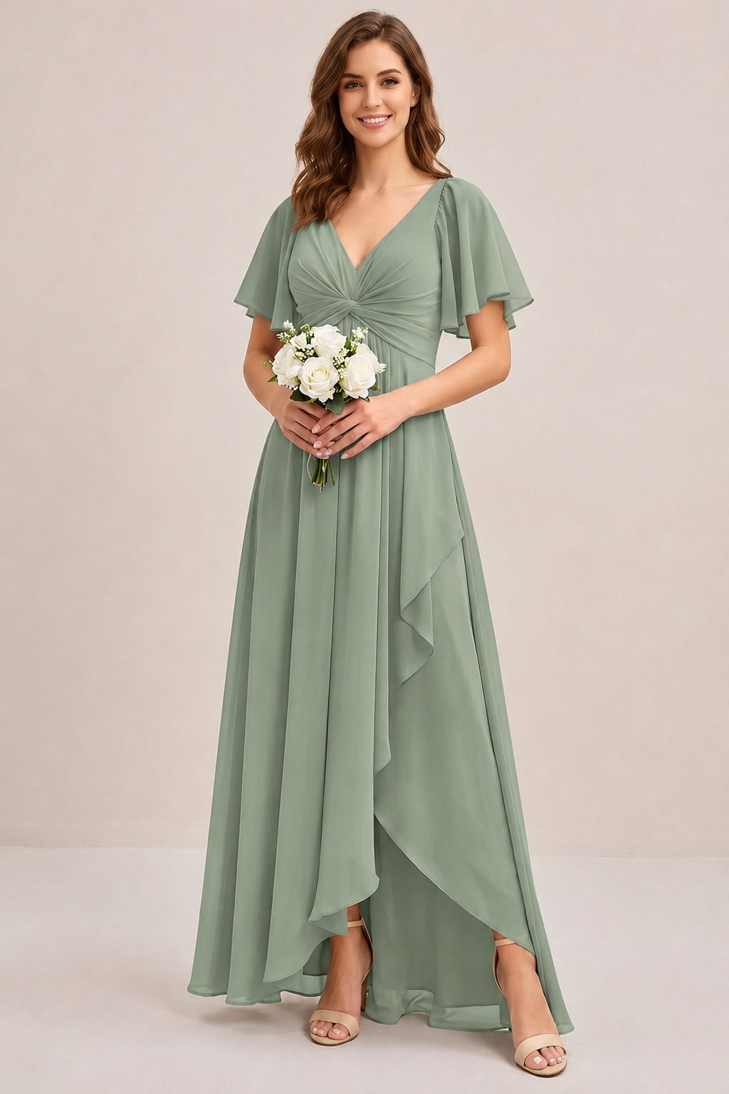 Dusty Blue Chiffon Bridesmaid Dress with Flutter Sleeves & High-Low Hem