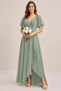 Dusty Blue Chiffon Bridesmaid Dress with Flutter Sleeves & High-Low Hem