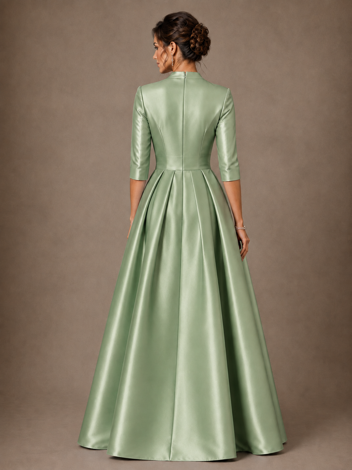 V-Neck Pleated Satin Mother of the Bride Gown with 3/4 Sleeves