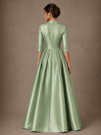 V-Neck Pleated Satin Mother of the Bride Gown with 3/4 Sleeves