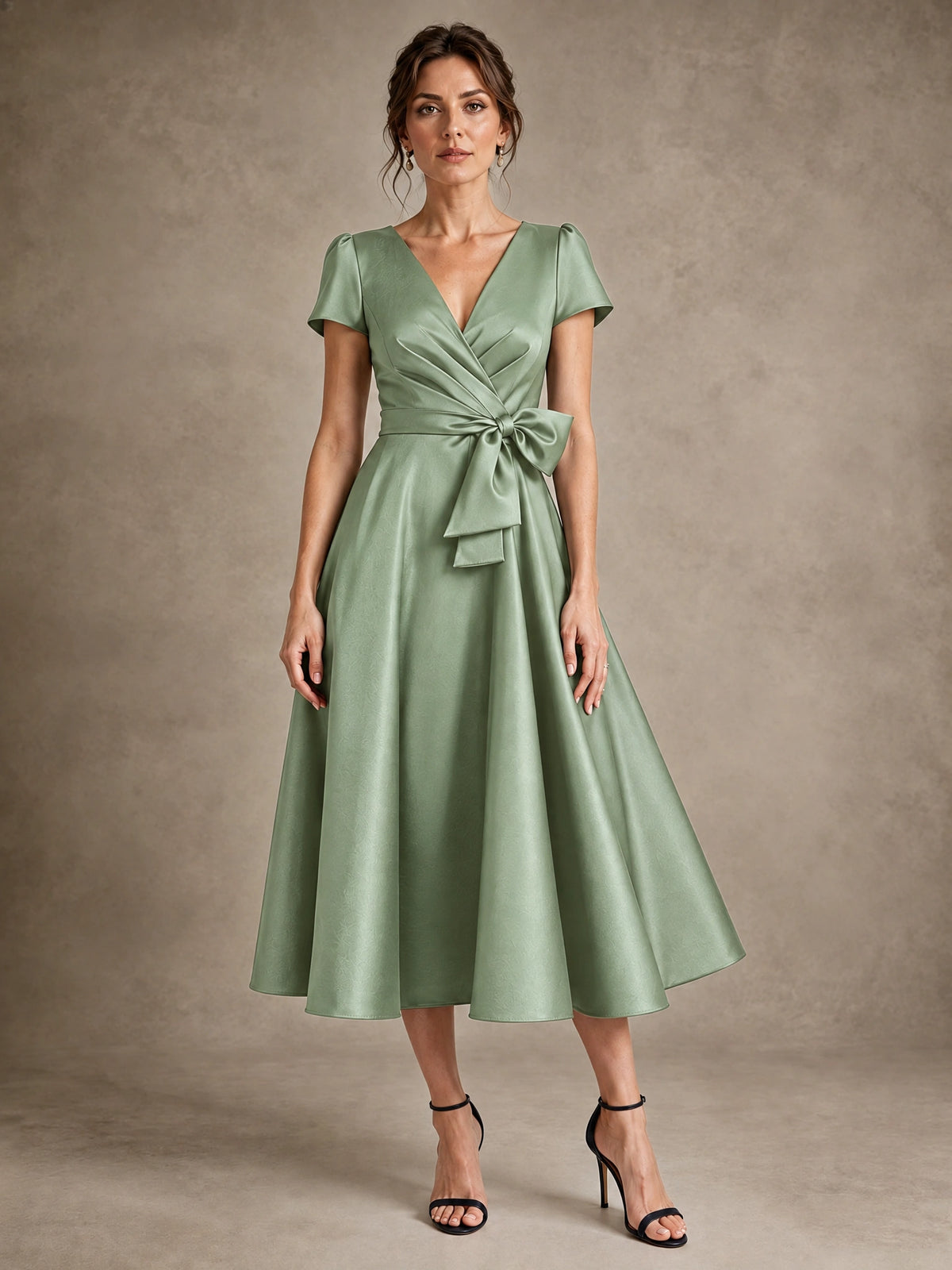 Sage Green V-Neck Tea-Length Satin Mother of the Bride Dress with Bow Jovellee