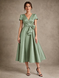 Sage Green V-Neck Tea-Length Satin Mother of the Bride Dress with Bow Jovellee