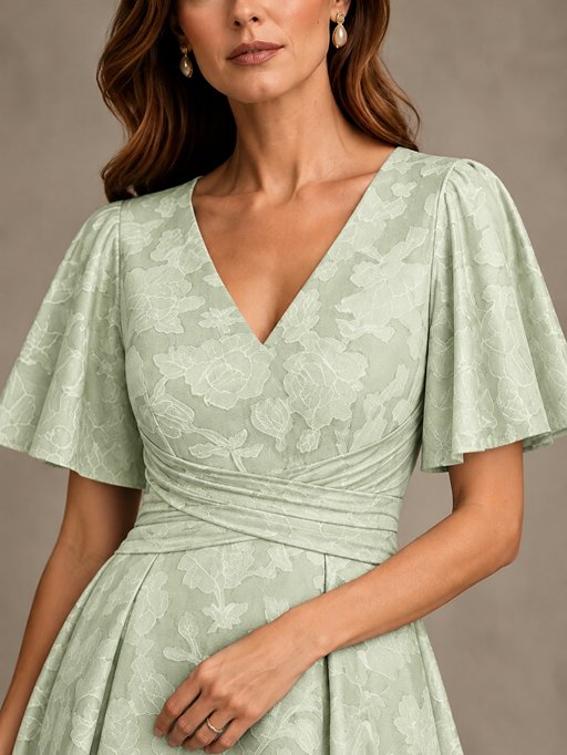 V-Neck Floral Jacquard Tea-Length Mother of the Bride Dress
