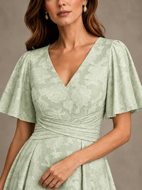 V-Neck Floral Jacquard Tea-Length Mother of the Bride Dress