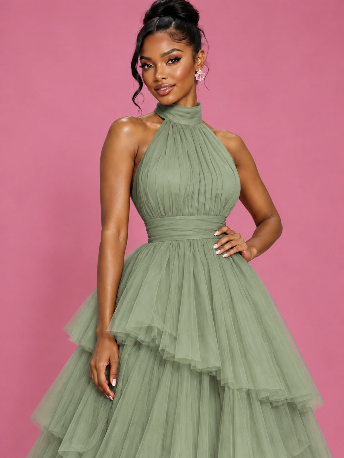 Hot Pink Tulle Halter Neck Tiered Ruffle Maxi Dress