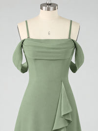 Spaghetti Strap Chiffon Bridesmaid Dress with Ruffles Slit