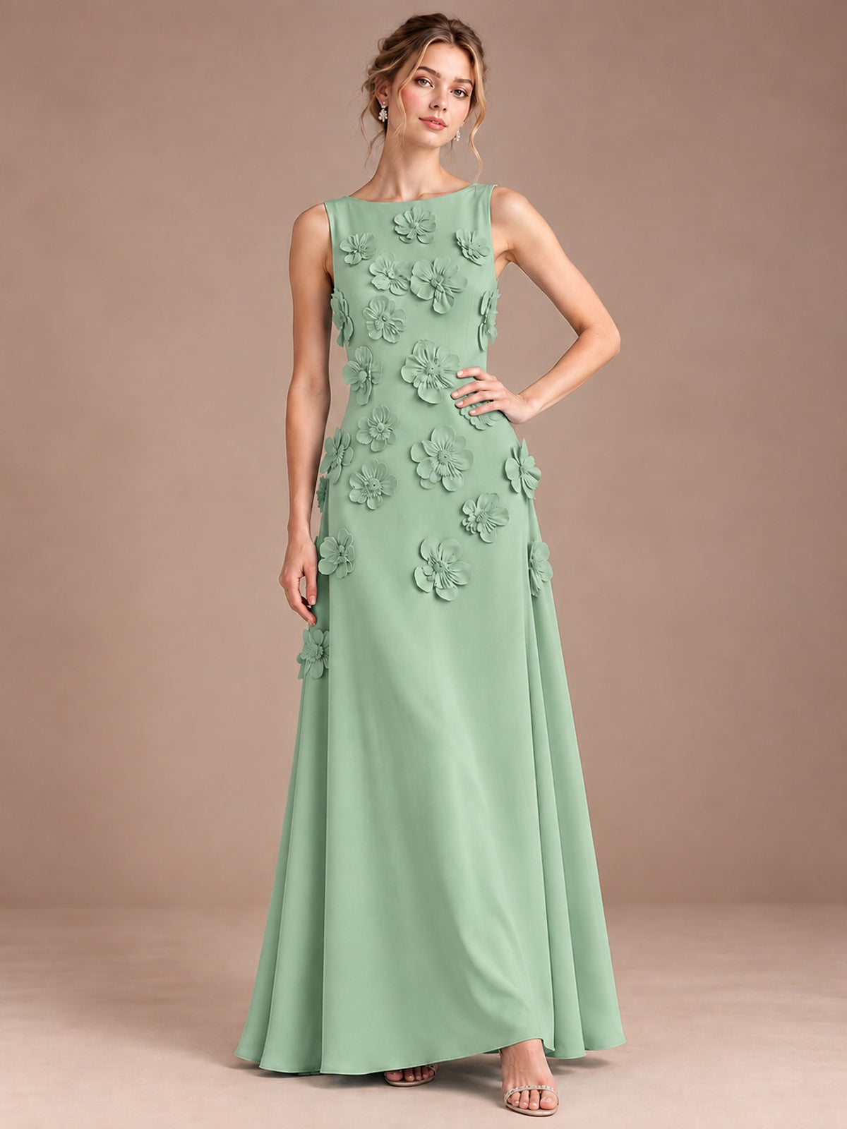 3D Floral Applique Sleeveless Formal Maxi Dress