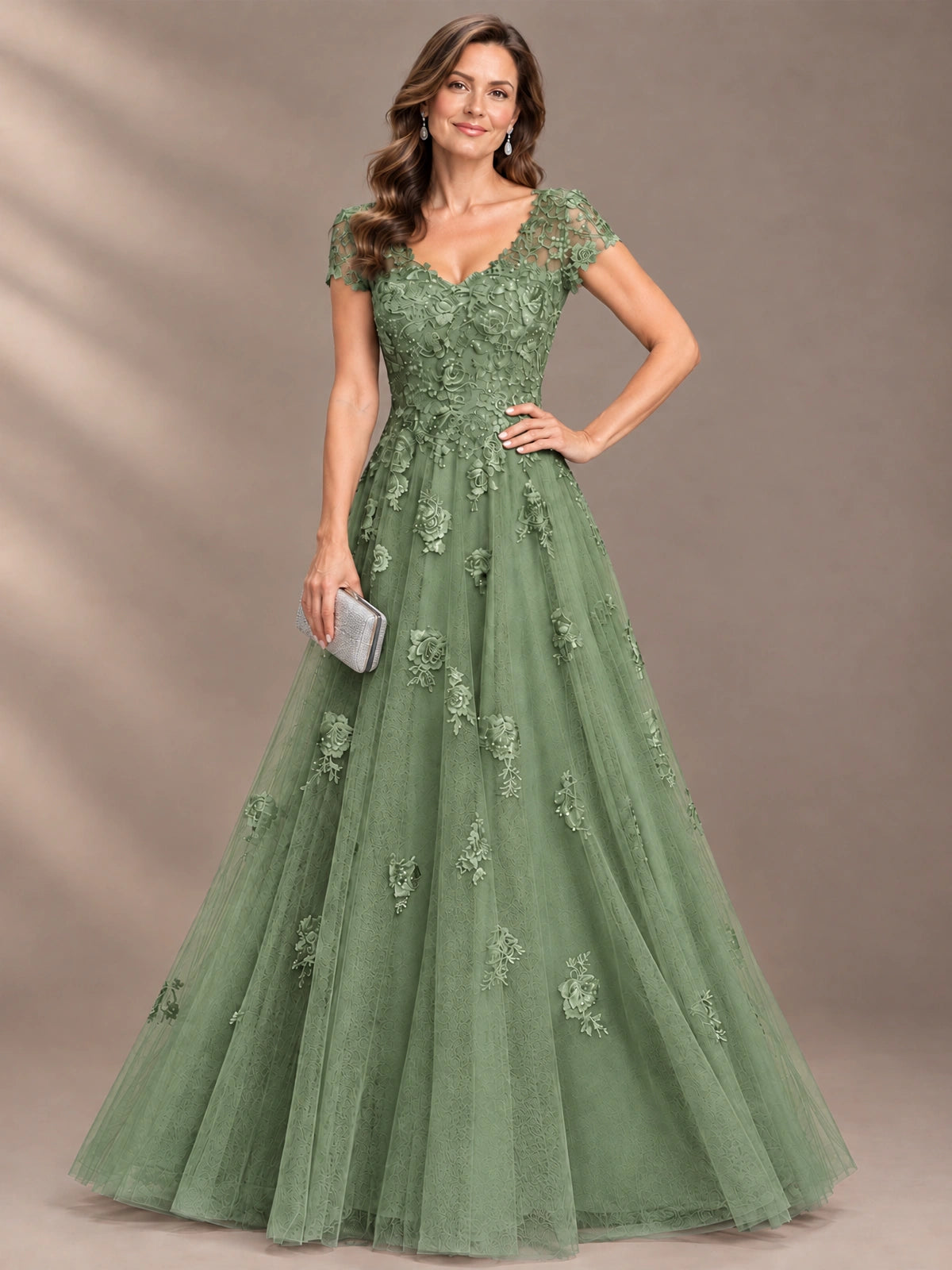 Lace Appliques A-line Mother of The Bride Dresses with Short Sleeves