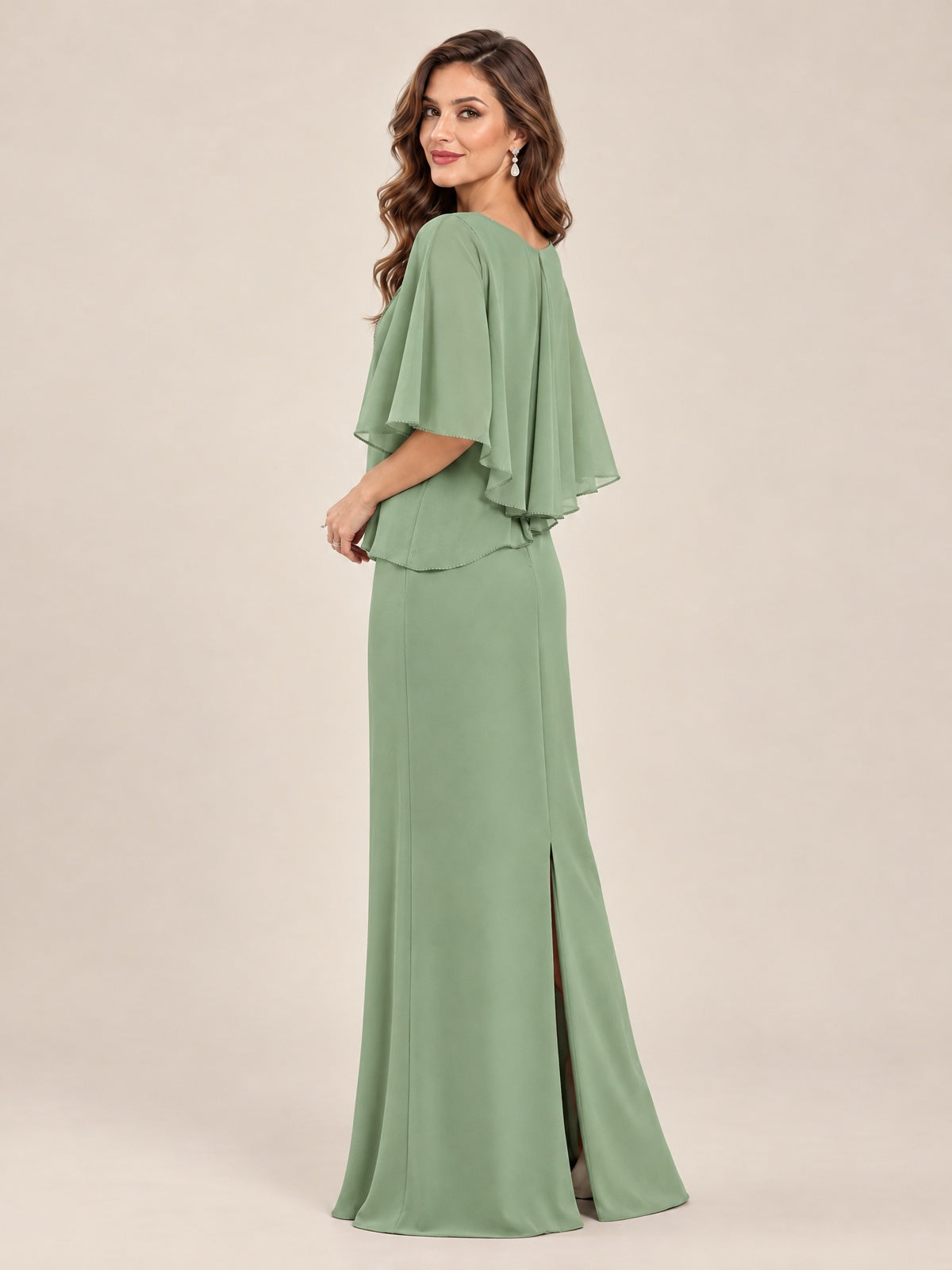 Cape Sleeve Mother of the Bride Dress with Asymmetrical Overlay