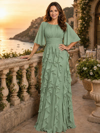 Elegant Chiffon Mother of the Bride Dress with Flutter Sleeves and Ruffle Skirt