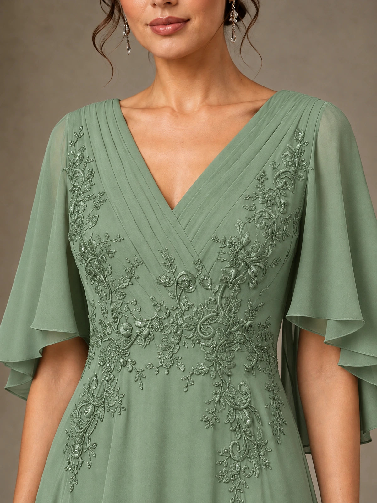 V-Neck Chiffon Lace Mother of the Bride Dress with Flutter Sleeves