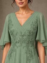 V-Neck Chiffon Lace Mother of the Bride Dress with Flutter Sleeves