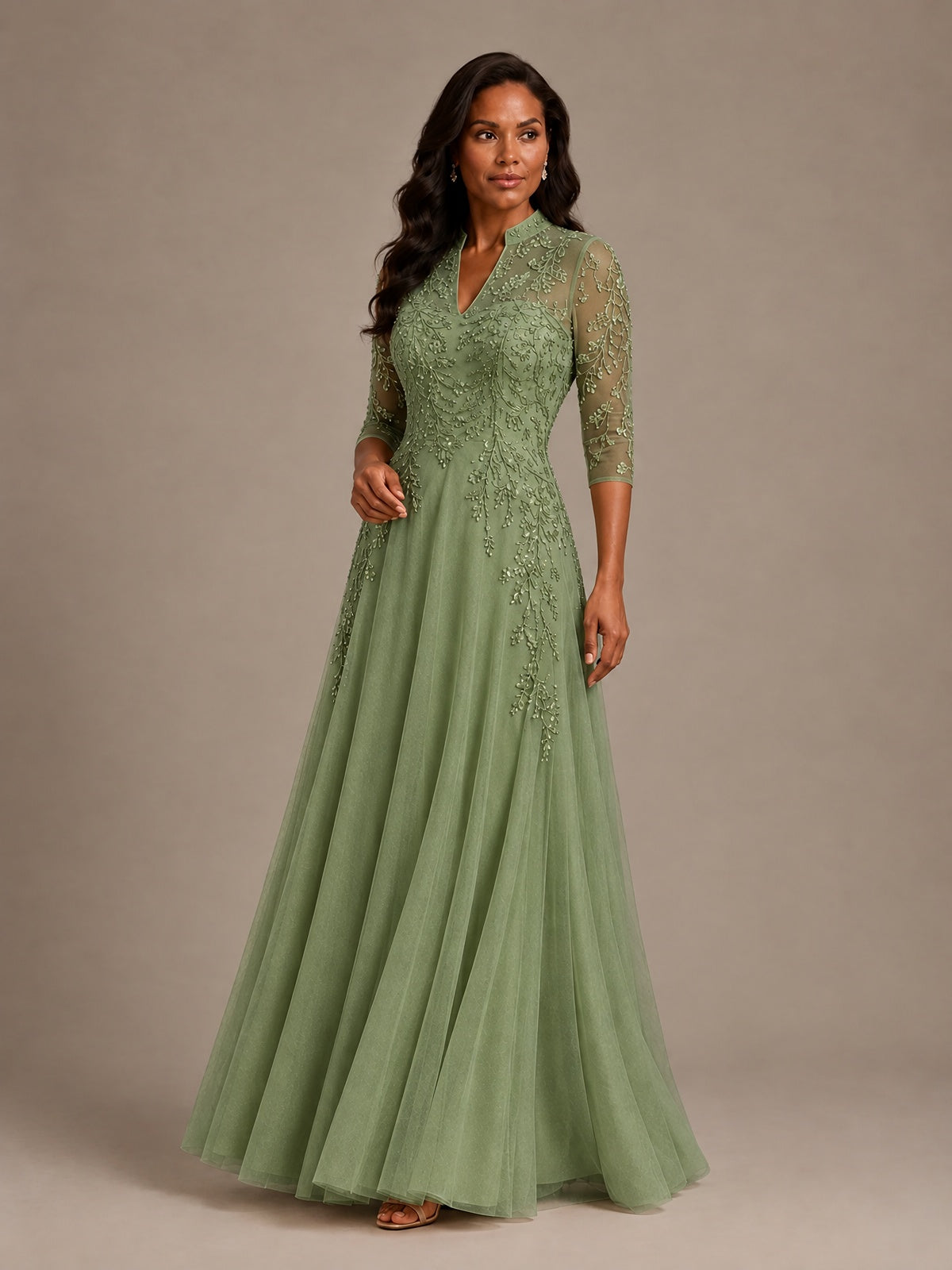 Embellished Appliques Mother of the Bride Dress with 3/4 Sleeves
