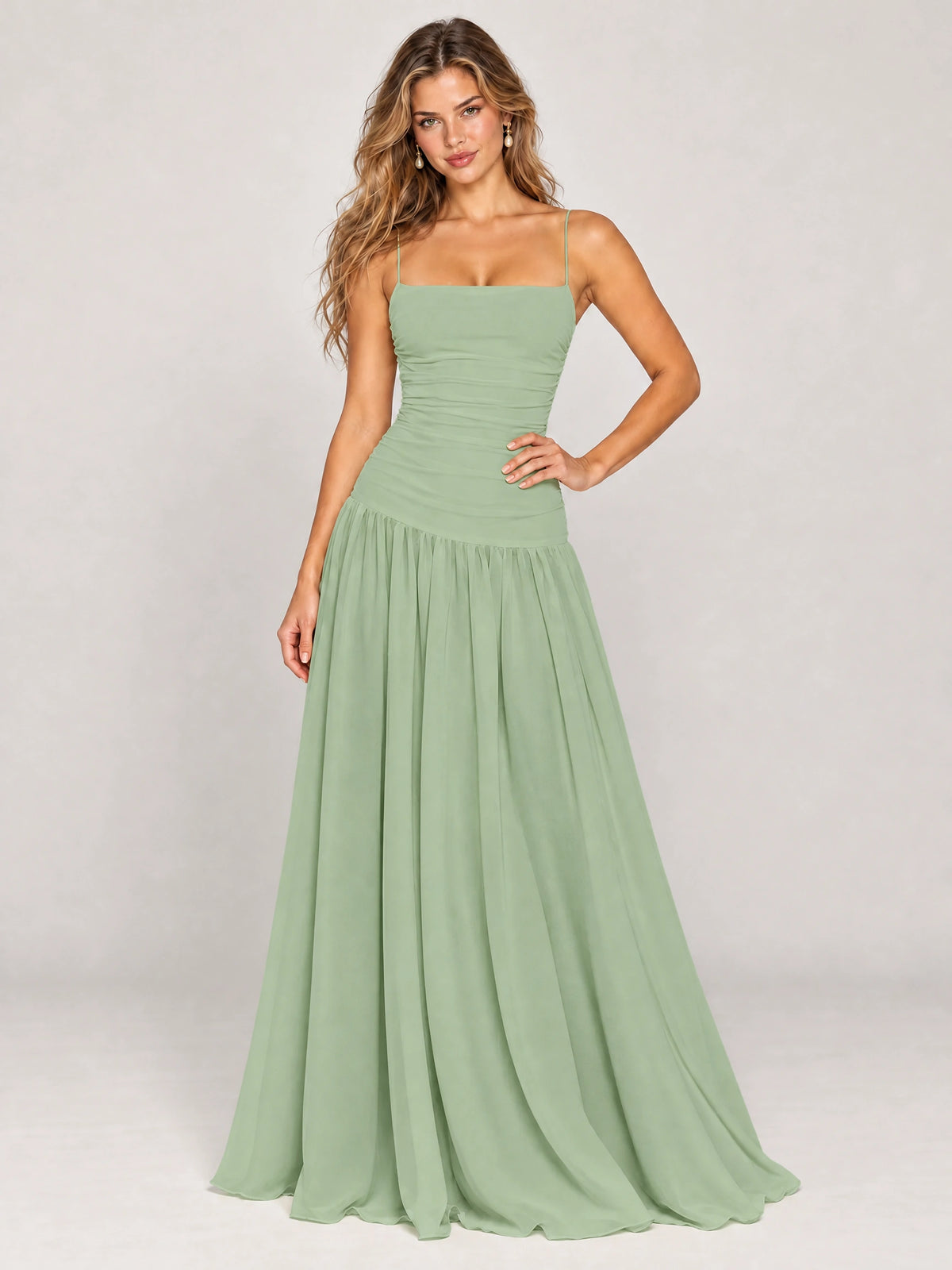 Butter Yellow Ruched Spaghetti Strap Drop-Waist Prom Dress