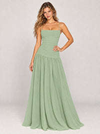 Butter Yellow Ruched Spaghetti Strap Drop-Waist Prom Dress