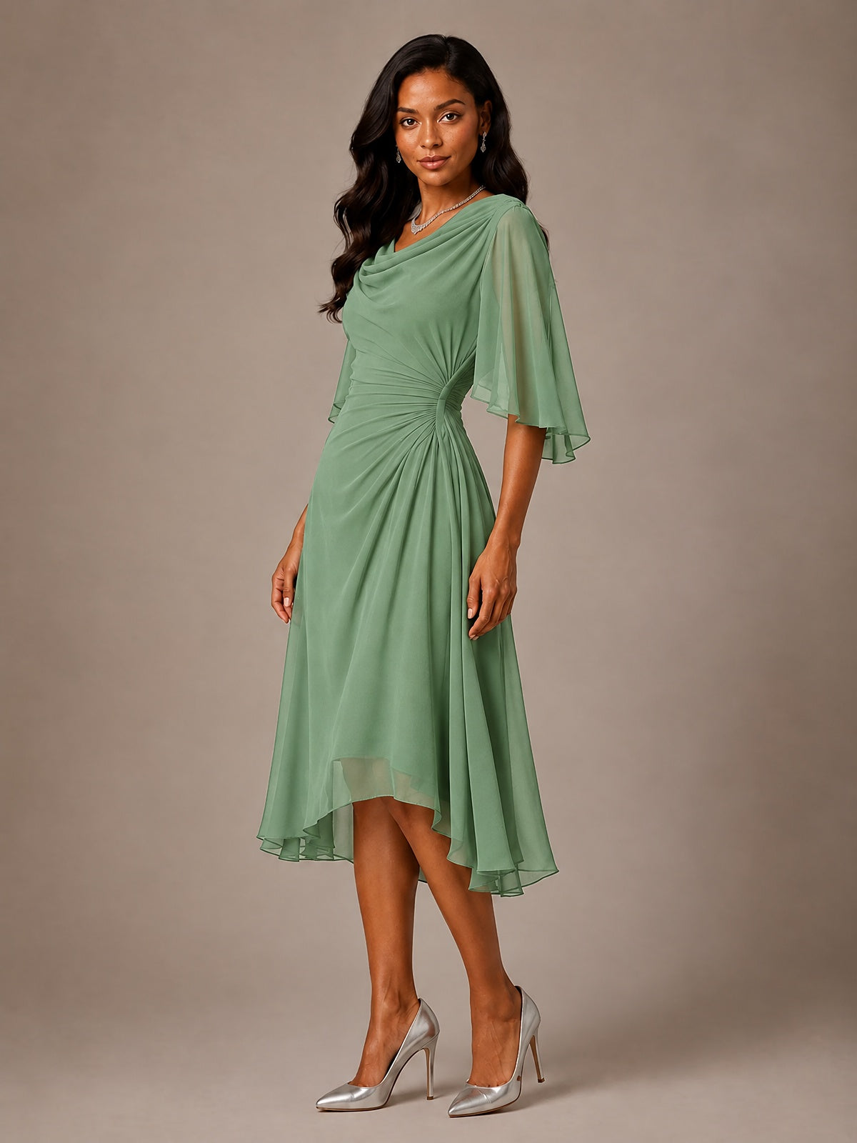 Cowl Neck Ruched Chiffon Mother of the Bride Dresses with Flutter Sleeves