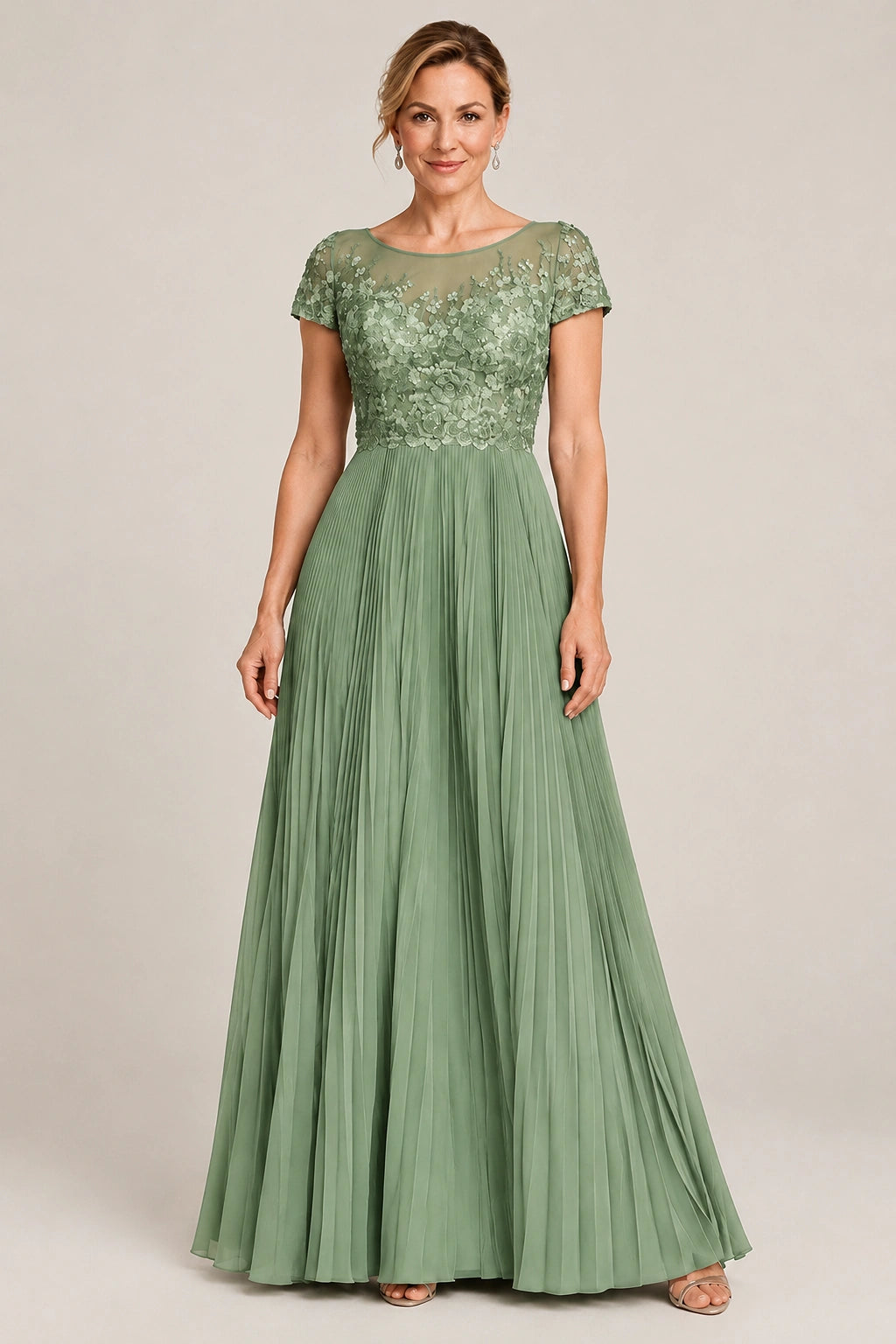 Embroidered Lace Pleated Mother of the Bride Dress