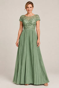 Embroidered Lace Pleated Mother of the Bride Dress