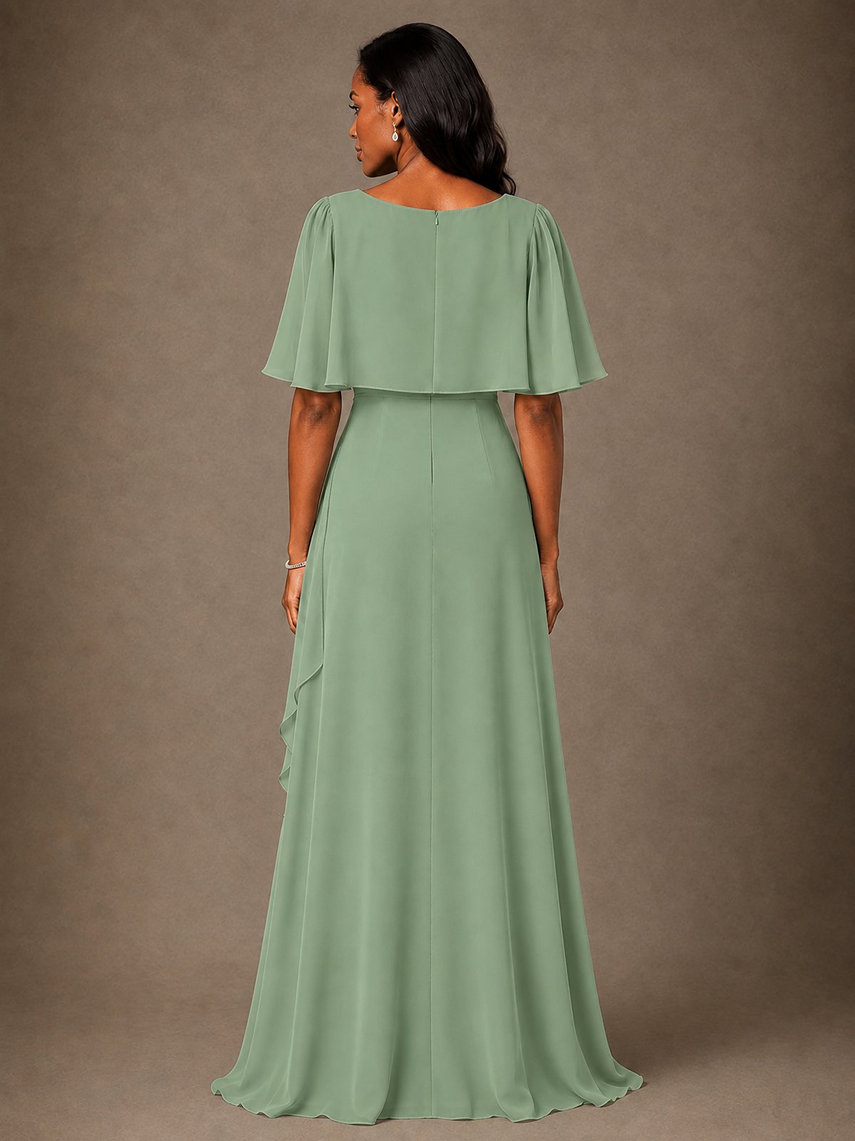 Taupe Chiffon A-Line Mother of the Bride Dress with Cape Sleeves
