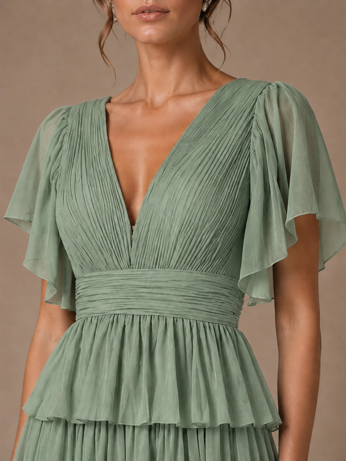 Chiffon V-Neck Tiered Ruffle Bridesmaid Dress with Slit