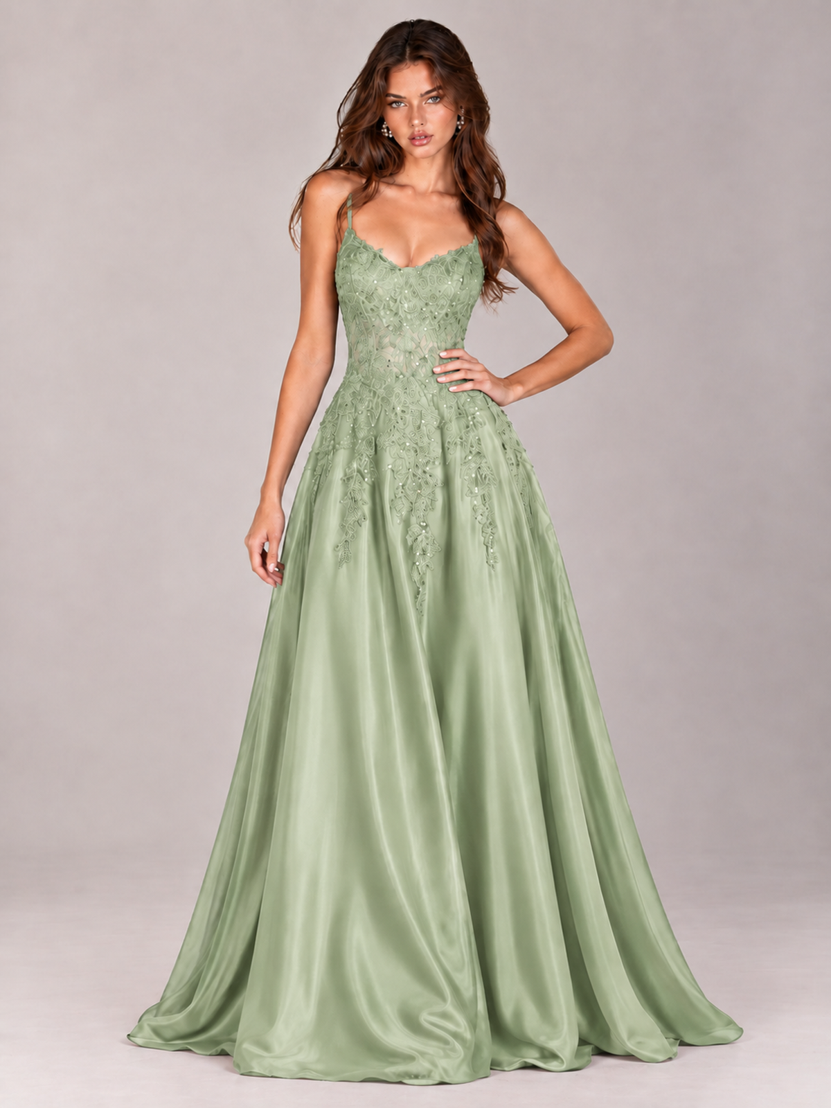 Lace Applique Satin A-Line Prom Dress with Sheer Bodice
