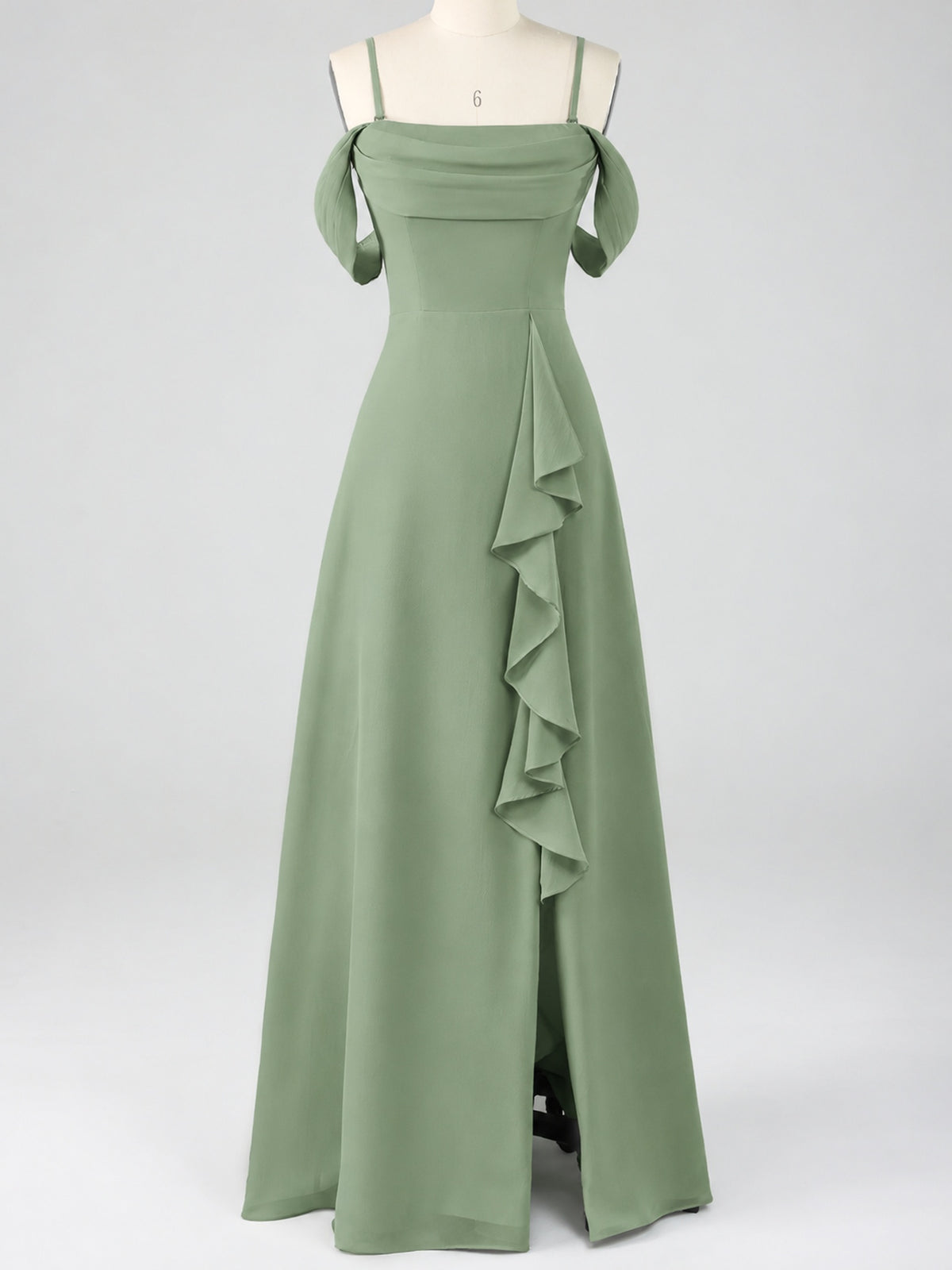 Spaghetti Strap Chiffon Bridesmaid Dress with Ruffles Slit